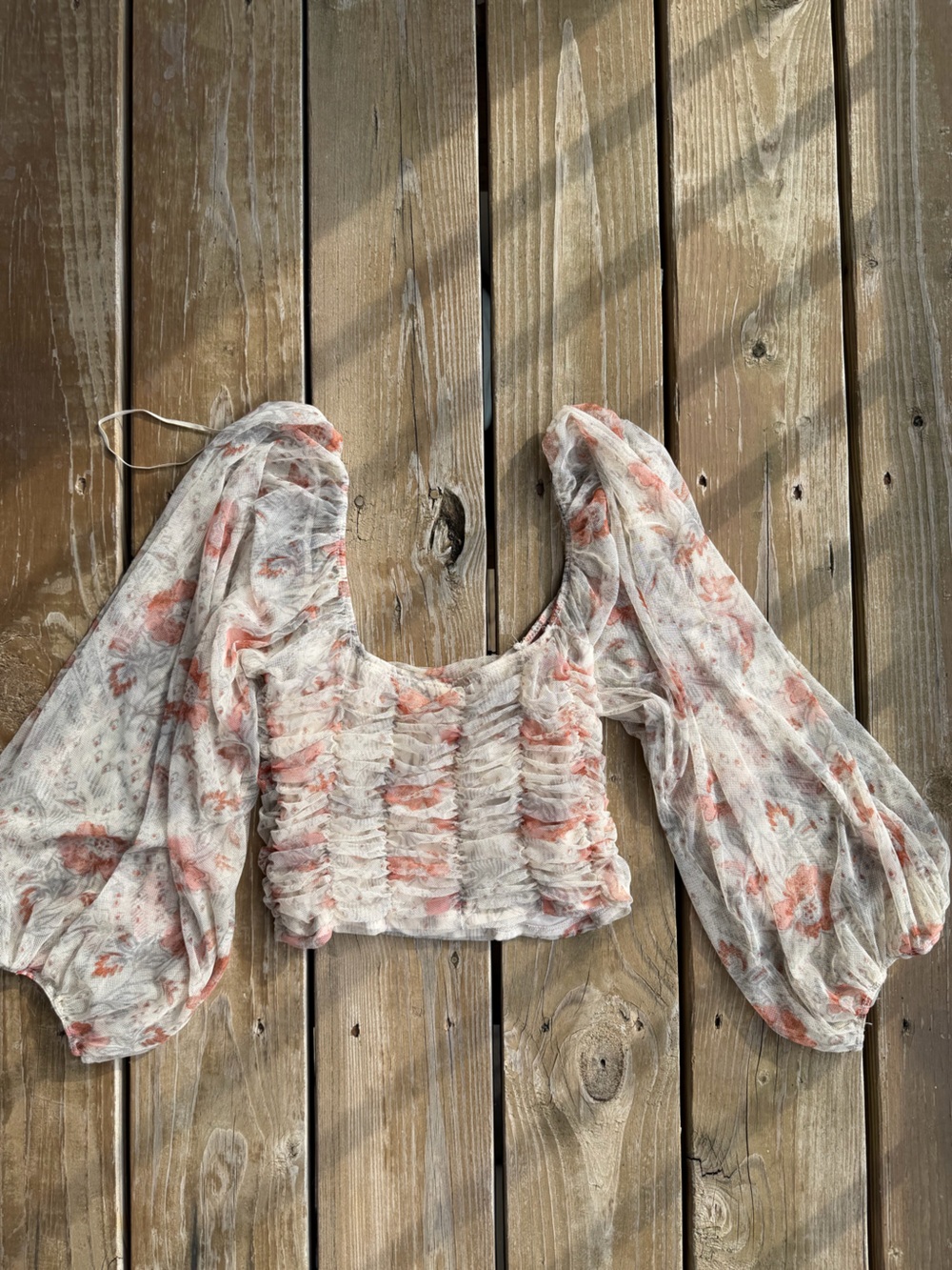 Free people Floral Puff-Sleeve Ruched Crop Top - White & Pink
